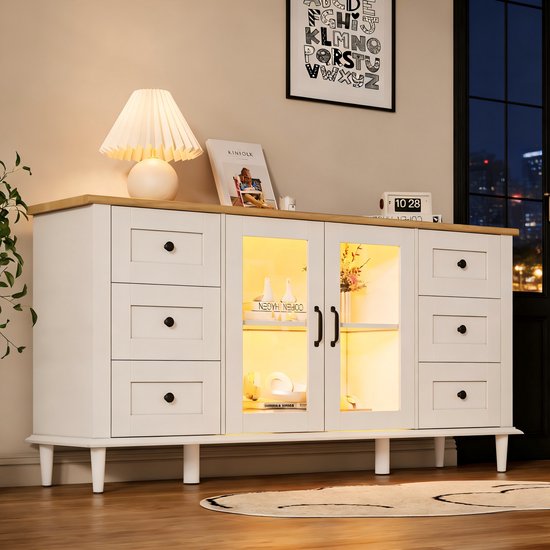 STILVORA Dressoir - 6 Lades En 2 Acryldeuren Met Ledverlichting - Voor Woonkamer En Eetkamer - MDF - Wit;Houtlook - 150x40x75 cm