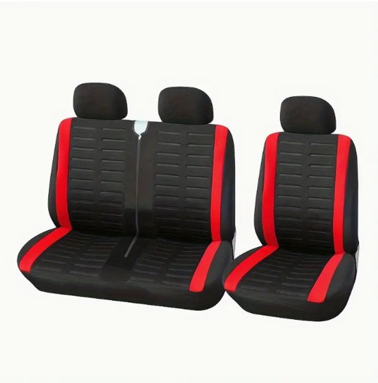 Zwarte stoelhoezen met rode accenten, 3D streepmotief, voor 2+1 stoelen.