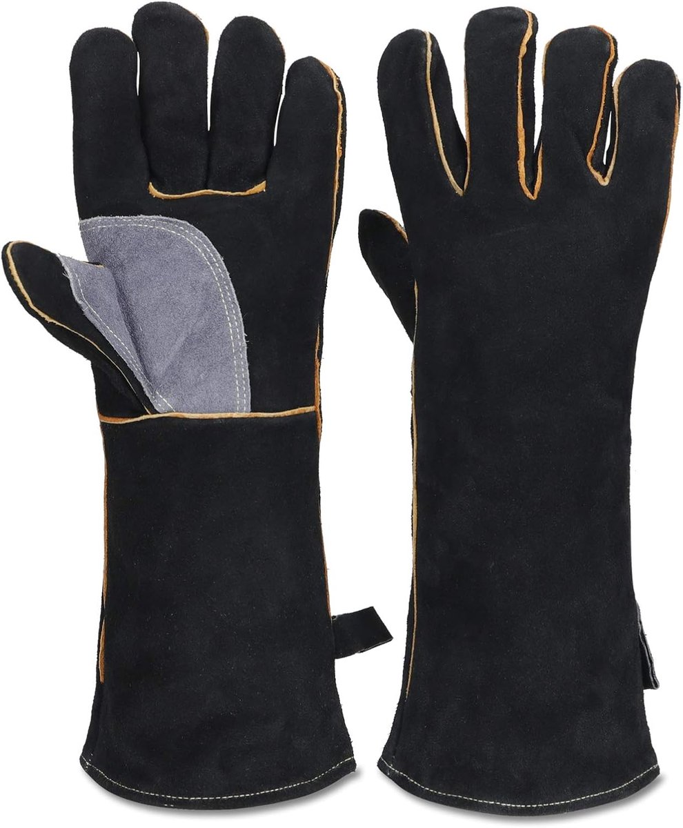 Hittebestendige Leren Handschoenen - Lange Mouwen en Kevlar Stiksels - Bescherming voor Solderen, BBQ, Keuken, Oven, Haard en Werkzaamheden met Hoge Temperatuur