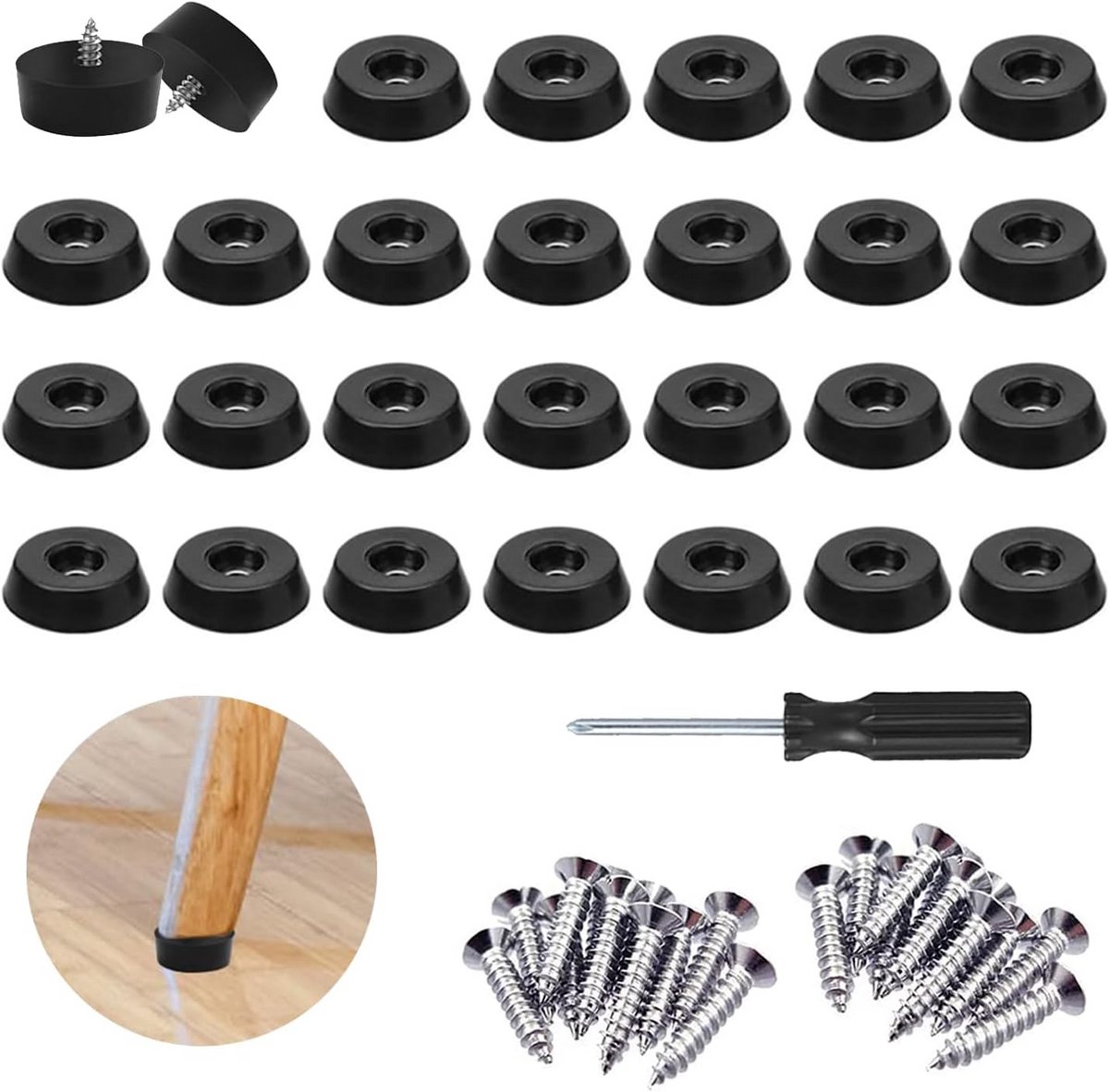 Rubberen Voetjes - Meubelbuffers - Bescherming Vloer - Met Schroef - 30 stuks - Zwart