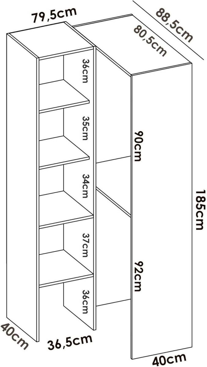 Hoekkledingkast 79,4 x 88,4 x 185,5 cm – Open Inloopkast met 4 Planken en 2 Kledingstangen – Ruimtebesparende Hoekkast Wit – Bernina Luxe Serie – Abkantoor