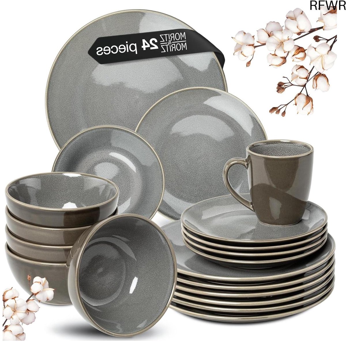 Serviesset - Bordenset 6 Persoons - Chique Bordenset - Porselein - Grijs Tafelservies