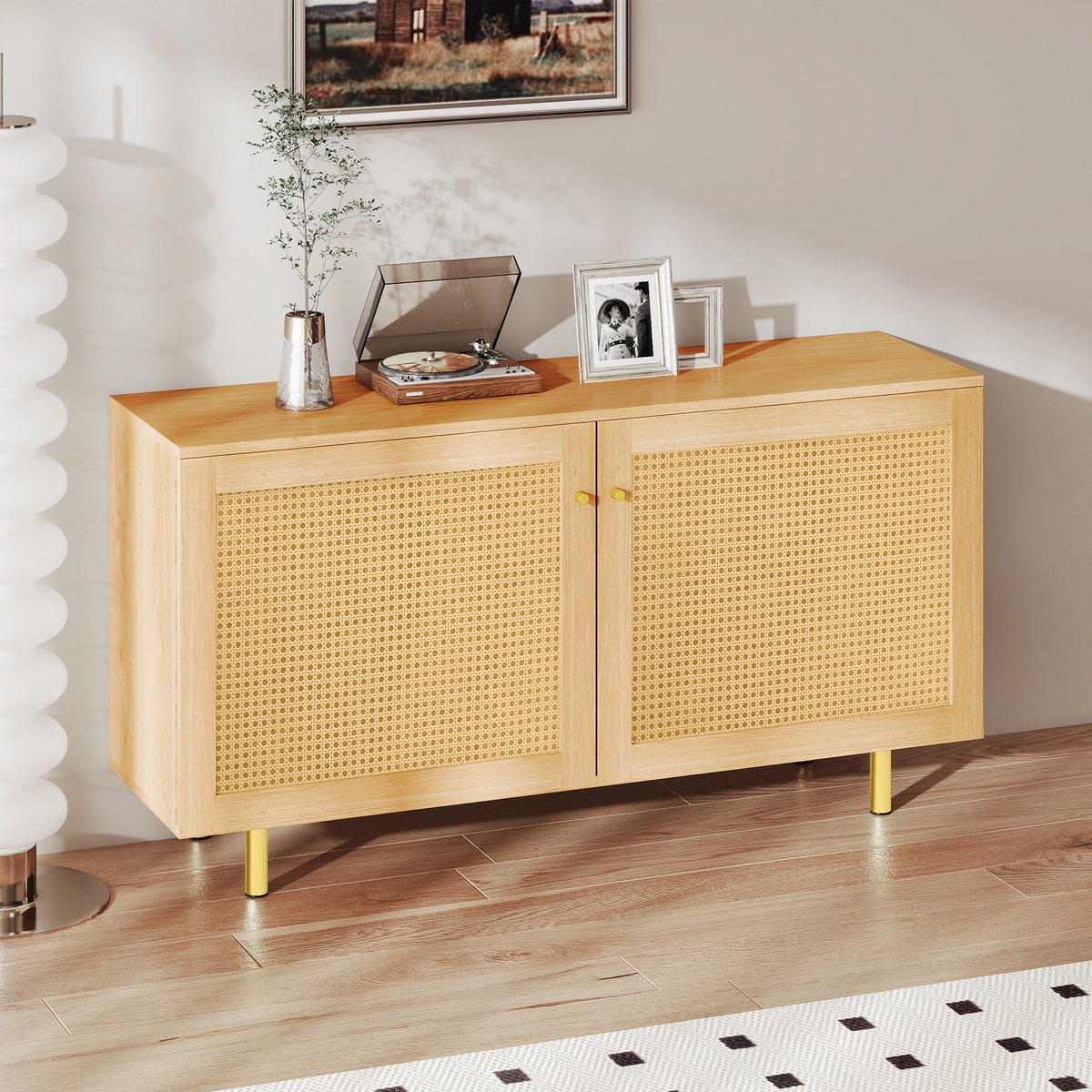 HAUSS SPOLE Dressoir - Rattan Deuren Met Gouden Grepen - Opbergkast Voor Woonkamer En Eetkamer - MDF Naturel - 120x40x63 cm Natuurlijk