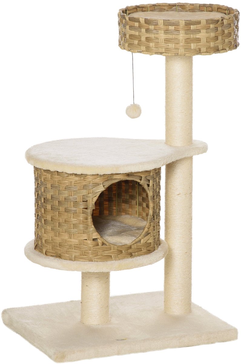 Merax Krabpaal 95 cm - Kattenboom met Rieten Kattenhuis - Sisal Krabpalen - Zacht Pluche - Speelbal - Beige en Natuurlijke Kleur - Voor Katten tot 5 kg