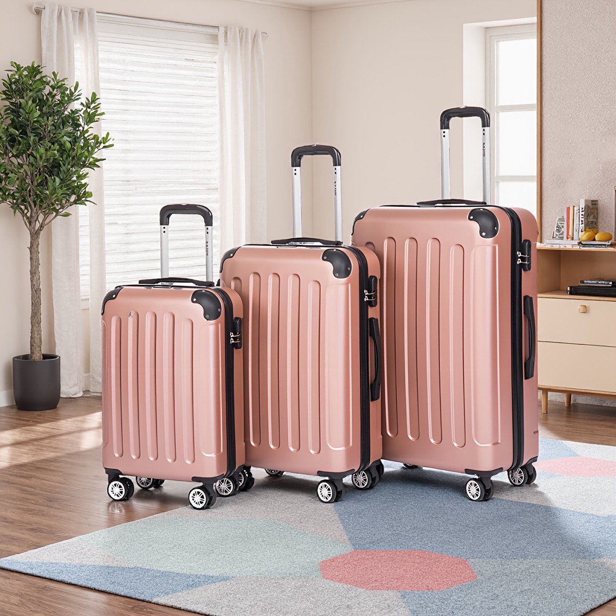 Bagageset 3-delig (55/66/76 cm) – Harde ABS Koffers – 4 x 360° Wielen – TSA Combinatieslot – Trolley Koffer Set _ roos goud