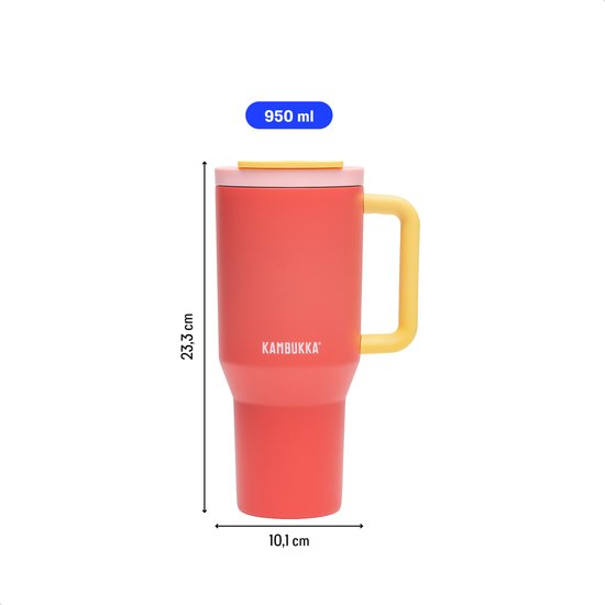 Koraalrode Kambukka beker, 23,3 cm hoog en 10,1 cm breed, met lichtgeel handvat en lichtroze deksel met oranje lipje. 950 ml.