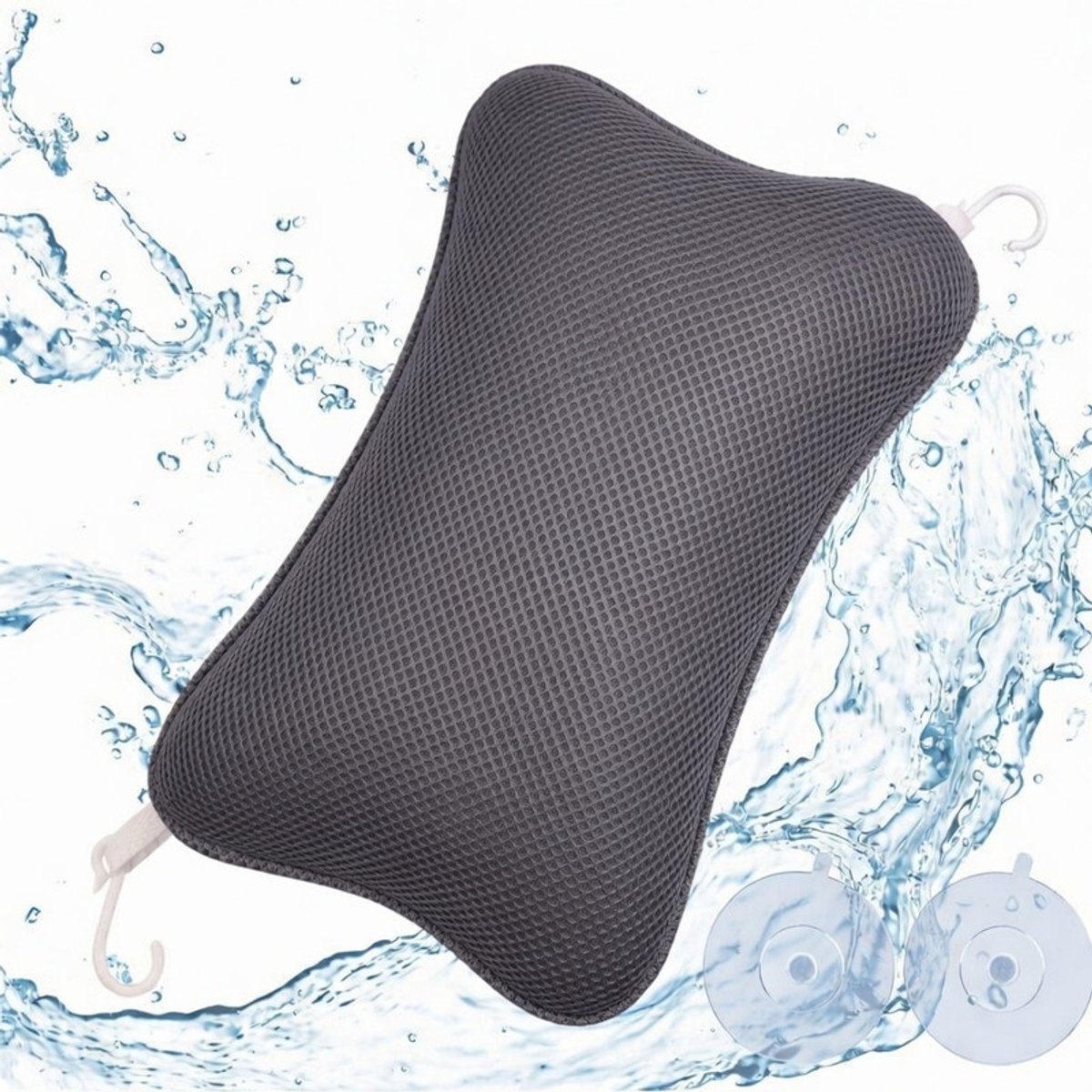 Badkussen, badkussen voor in bad, met 2 krachtige zuignappen voor stevige ondersteuning, ergonomisch spa-badkussen, kussen voor optimale nekontspanning,Donkergrijs
