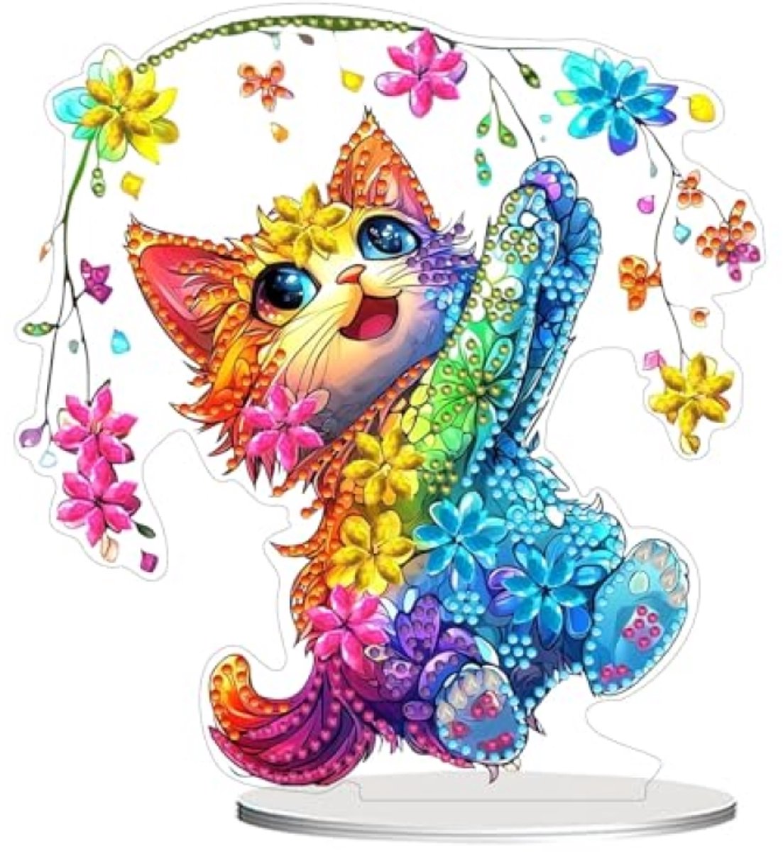 PromoHome 5D Diamant Schilderij - Vrolijke Kat Tafeldecoratie - DIY Kunstset voor Volwassenen en Beginners