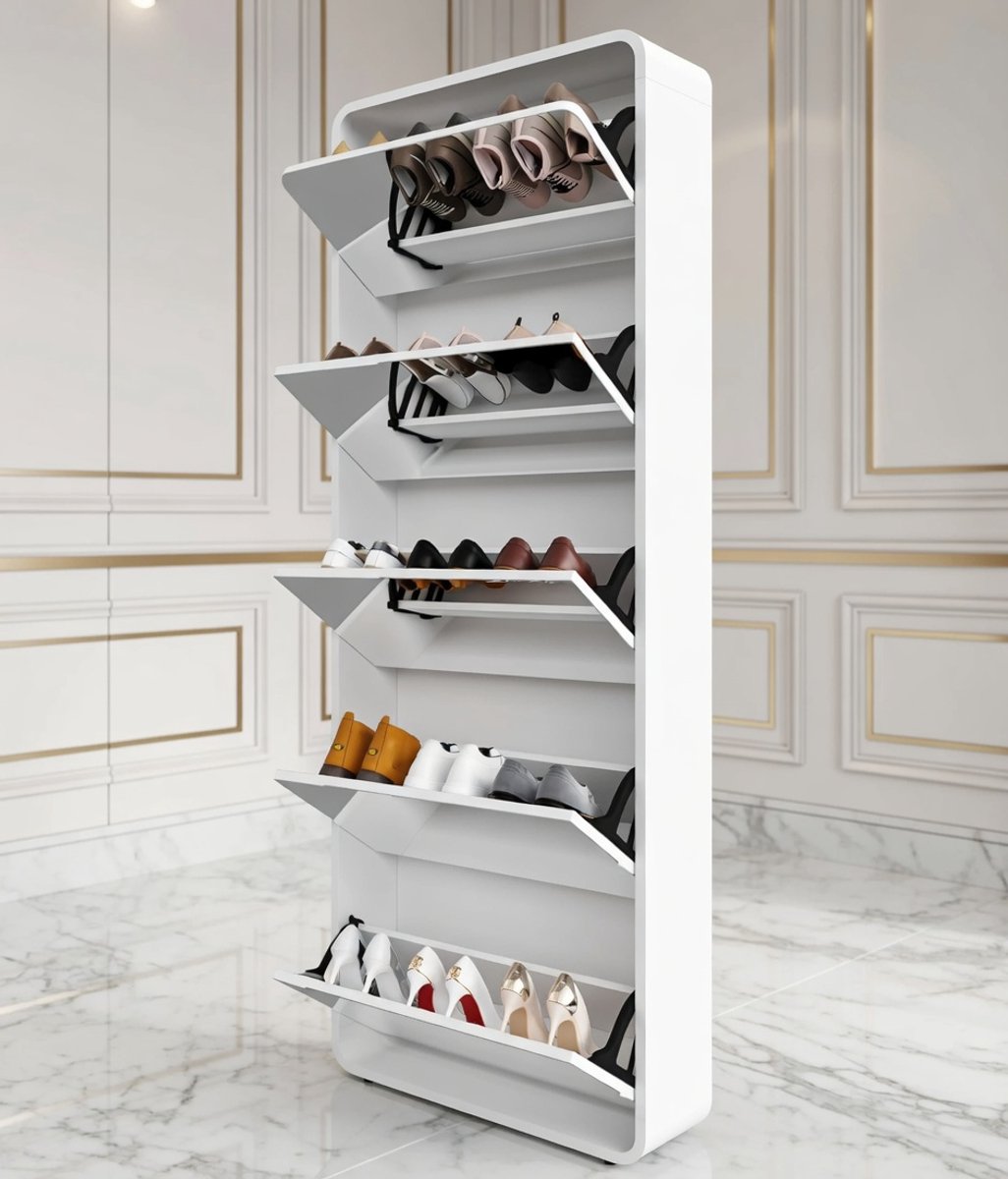 LuxeLine Spiegel Schoenenkast met 185 cm Passpiegel en 5 Flip-lades – Smalle Vrijstaande Schoenenkast voor 30 Paar – Wit | House&Garden