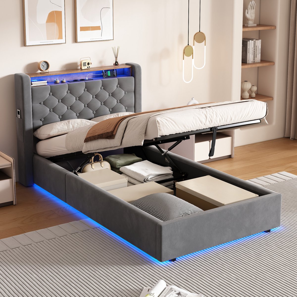 STILVORA Fluwelen Bed 90x190 Cm - Met Opbergruimte En Stopcontact - Donkergrijs