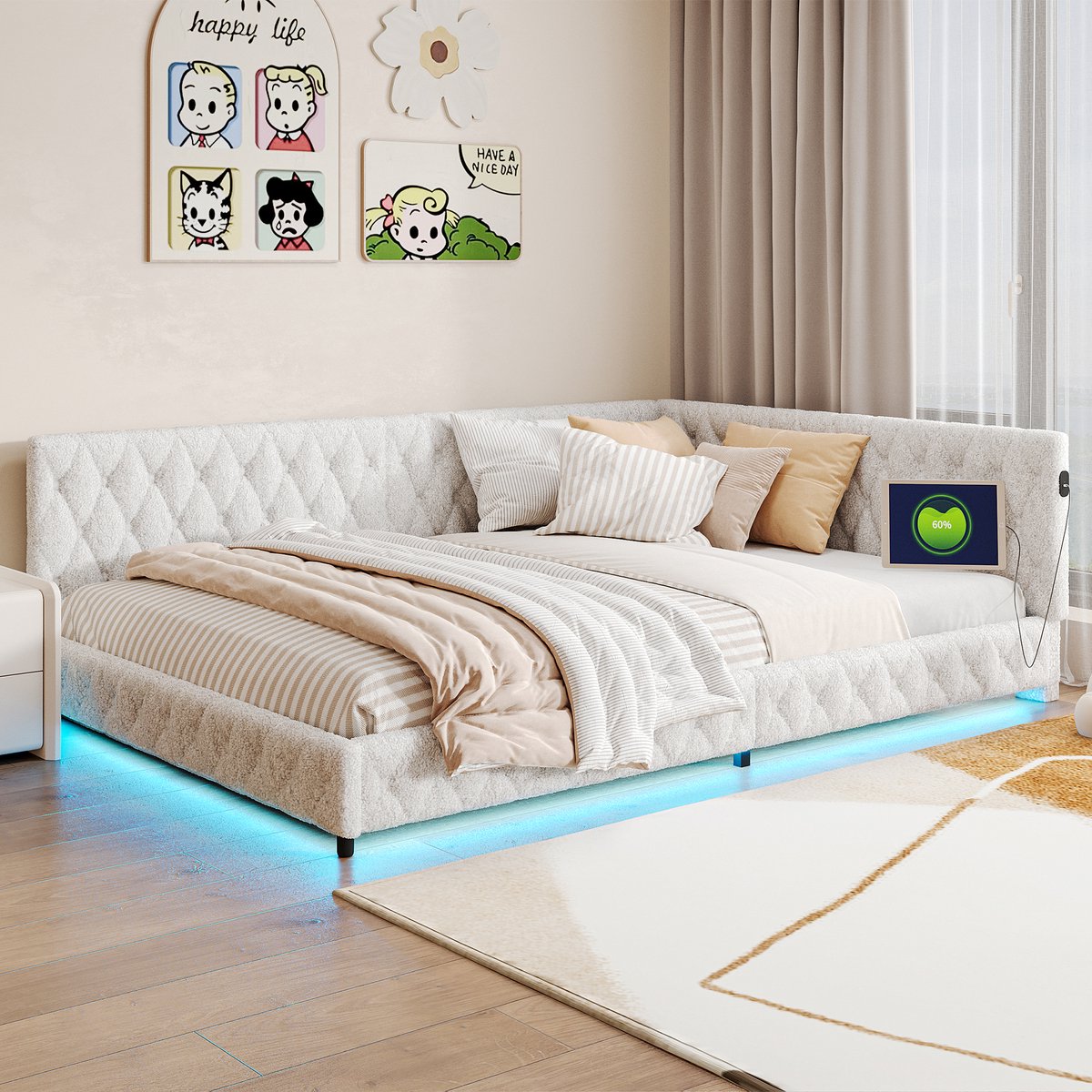 Daybed 140x200 met LED & USB – Teddy Stof Bedbank met Hoofdbord en L-Vormige Reling – Beige