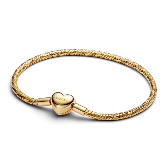 Gouden Pandora armband met slangen-schakel en hartsluiting, 18 cm.