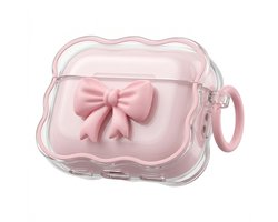 Roze transparant hoesje voor oordopjes dames met 3D strik en golvende rand geschikt voor AirPods Pro 2 siliconen soft case beschermhoes met ring