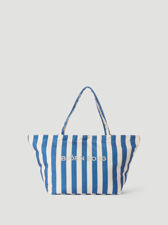 Björn Borg Strandtas Met Rits Tote Bag - Gerecycled Polyester - Met Magneetsluiting - 27 Liter - Blauw/Wit Gestreept