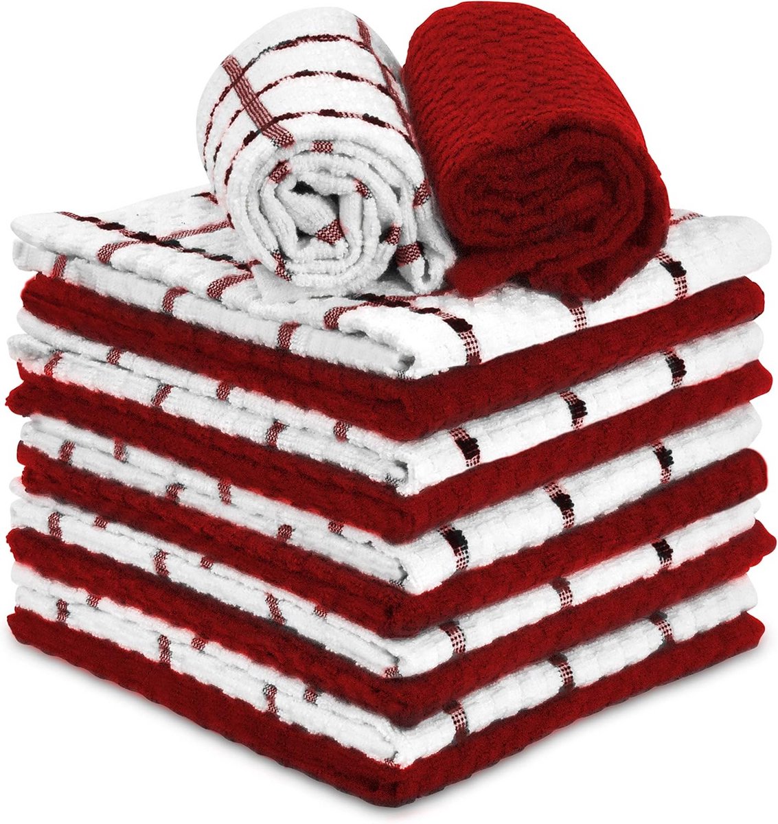 Set van 12 Katoenen Keukendoeken - Absorberende Vaatdoeken en Theedoeken (Rood, Roest & Wit)