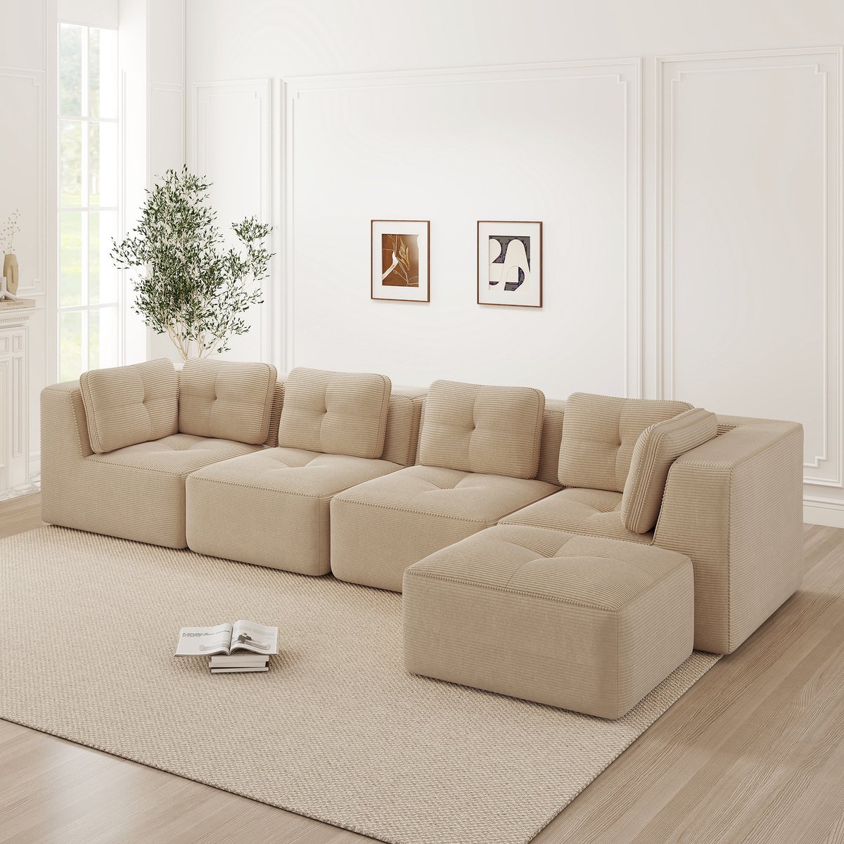 OKWISH Hoekbank - 4-Zits Modulaire L-Vorm Met Diepe Zitting En Zachte Kussens - Woonkamer 