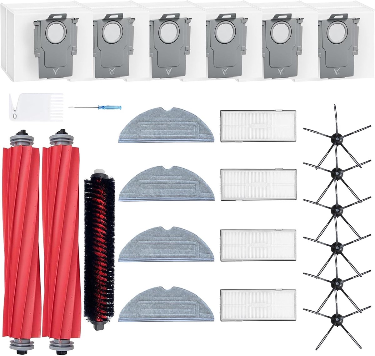 Reserveaccessoires - geschikt voor Roborock S7 MaxV Ultra, S7 Pro Ultra, 2 hoofdborstels, 4 filters, 6 zijborstels, 4 dweildoeken, 6 stofzakken, 1 borstelreinigingsgereedschap