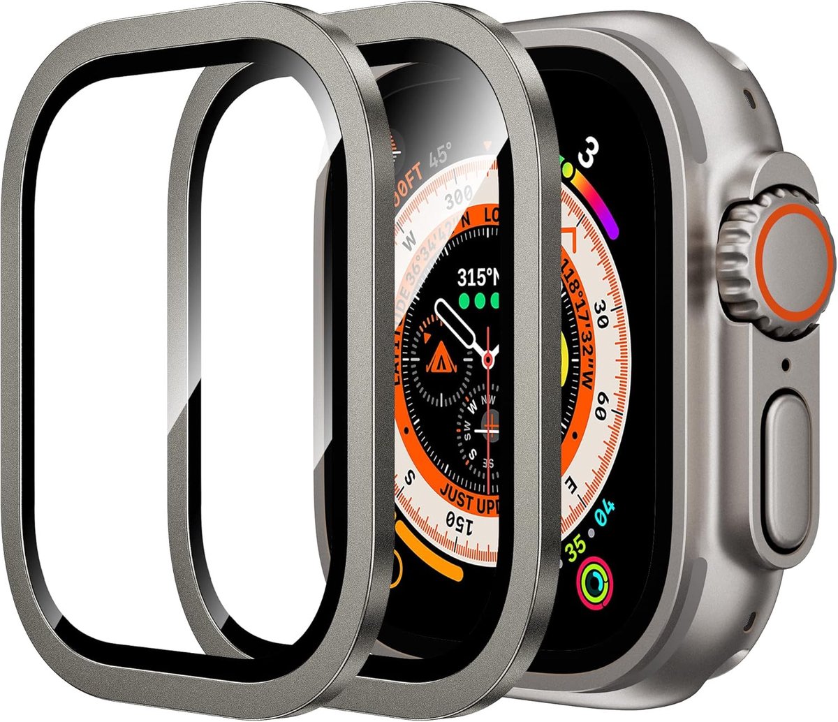 Sander Shop voor Apple Watch Ultra 2/Ultra Screen Protector 49mm, 9H gehard glas + Titanium legering Frame, [Keep Original] [Touch Sensitive] Lichtgewicht beschermende glazen film voor iwatch Ultra 2 Pack-Origineel