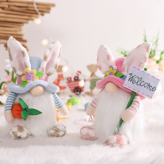 Décoration gnome lapin - Ensemble de 2, fait à la main, douillet, pour le printemps/été