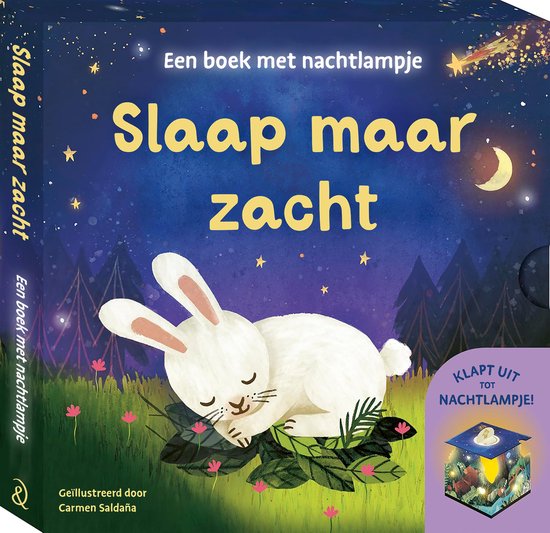 Boek met een slapend konijn, met de titel 'Slaap maar zacht'.