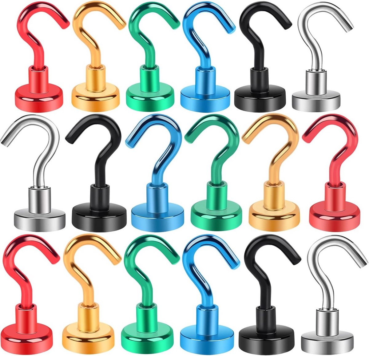 Set van 18 Sterke Magneet Haken - Neodymium Haken 16mm voor Koelkast, Keuken, Plafond - Zware Belasting - 6 Kleuren