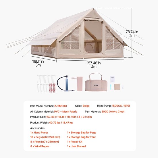 Allero Tent - Glamping Tent - Luxe Tent - Opblaasbaar - Waterdicht - Beige - 3x2,1 cm - 15 min opzetten - 4 Persoons - Kamperen van Merkloos — afbeelding 4