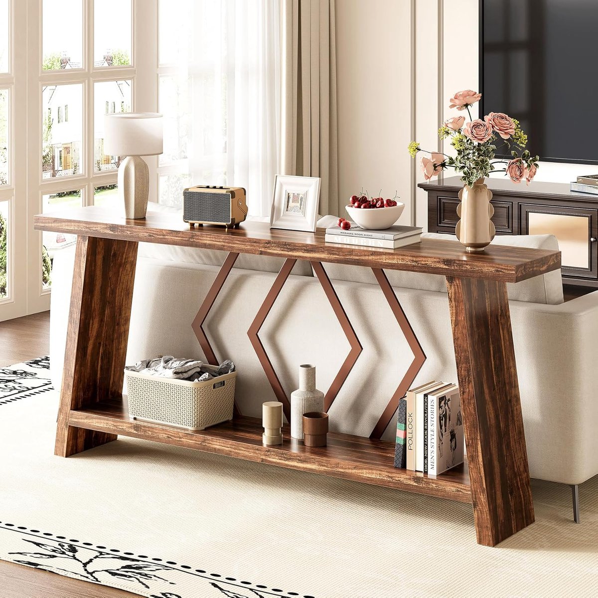 Little Trees LITTLE TREE Consoletafel 180 cm - Lange Banktafel - Landelijk - Met Plank - Voor Woonkamer & Gang Bruin