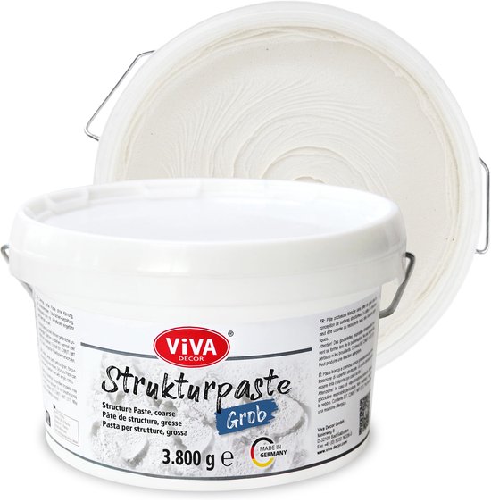 Pot blanc de Viva Decor Strukturpaste Grob (pâte à structure, grossière) de 3,8 kg, fabriqué en Allemagne.