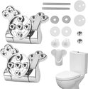 Chroomkleurige toiletbril scharnieren, bevestigingsonderdelen en een witte toiletpot.