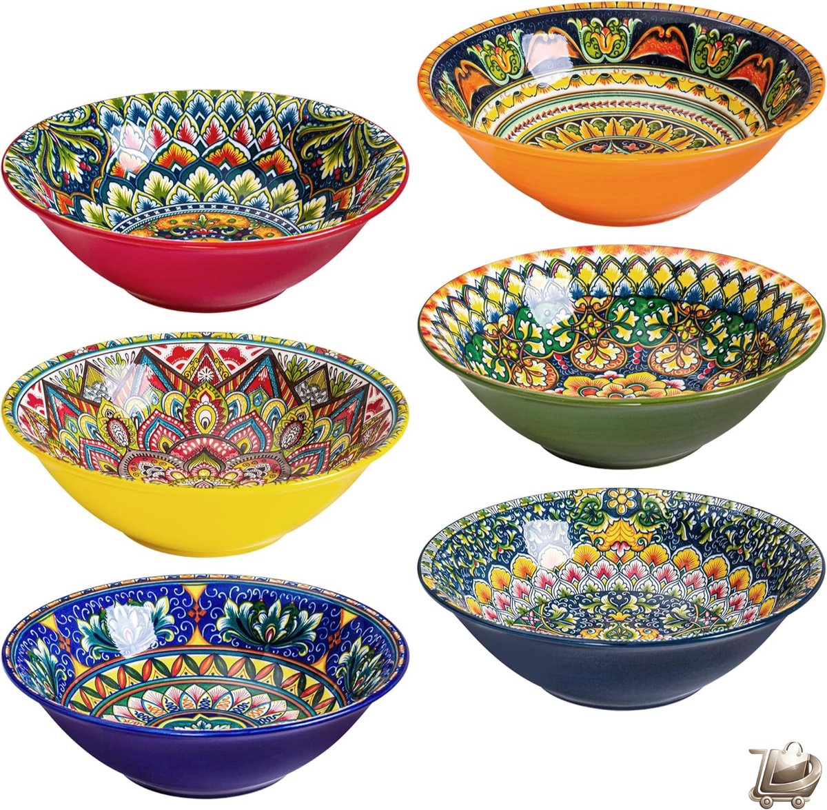 Keramische Saladekommen Set 6-delig - Gekleurde Serveerschalen - 560 ml - Pastakommen en Soepkommen - Geschikt voor Pasta, Spaghetti en Salade - Duurzaam en Vaatwasserbestendig - Keuken Serveerset