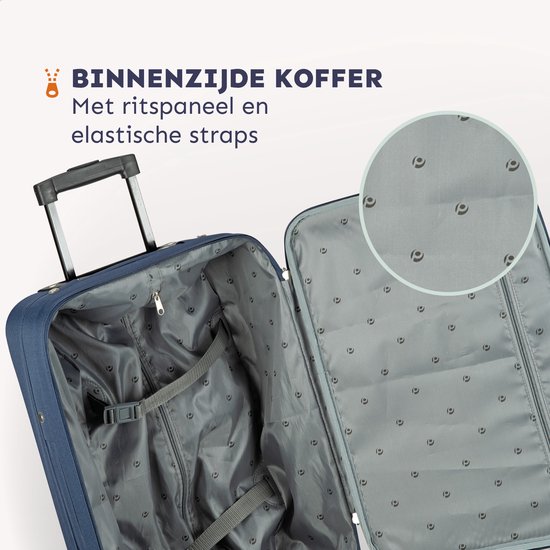 Binnenzijde van donkerblauwe koffer met ritspaneel en elastische straps.