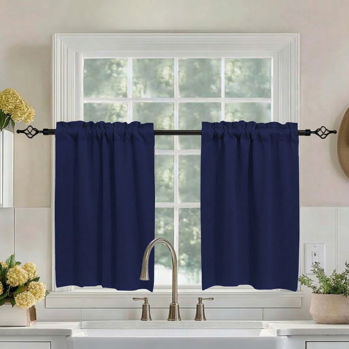 MUPOO Wafelstructuur Verduisterende Valletjes Gordijnen Kant en Klaar Set van 2 - Blackout & Privacy- Roede Pocket - blackout gordijnen Voor Keuken, Kleine Ramen, Badkamer & Slaapkamer- Marineblauw - 85x91 cm
