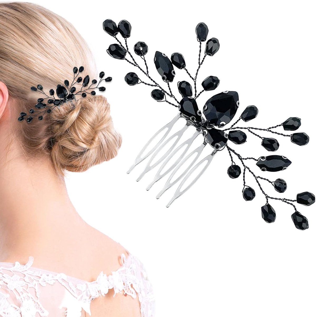 Elegante Zwarte Strass Haaraccessoire - Vintage Bruidshaar Kam met Onyx Druppel