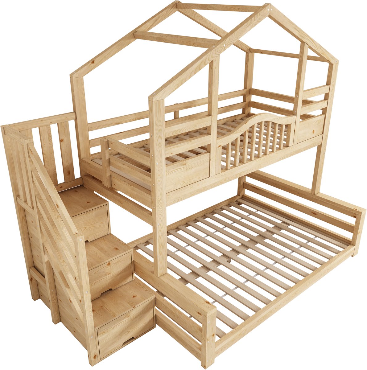 Wishdor Stapelbed 90x200/140x200 cm - Trapkast met Magnetische Deuren - Open Vakken - Landelijke Stijl - Driehoekig Dakbehuizing - EN 747-1:2024 Gecertificeerd - Geschikt voor Kinderkamer - Massief Grenen, MDF en LVL - Beige en Naturel Beige+Licht Natuurlijk