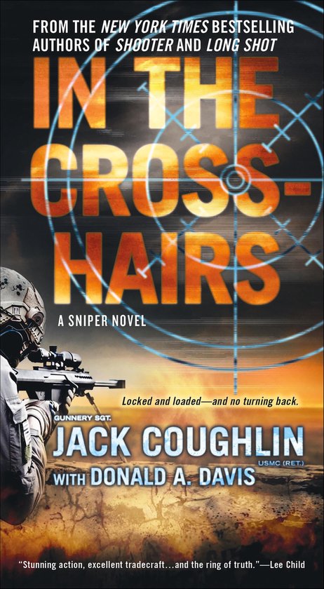 Boekcover 'In The Cross Hairs' met sniper in gevechtskleding die door een scope kijkt. Titel prominent aanwezig.