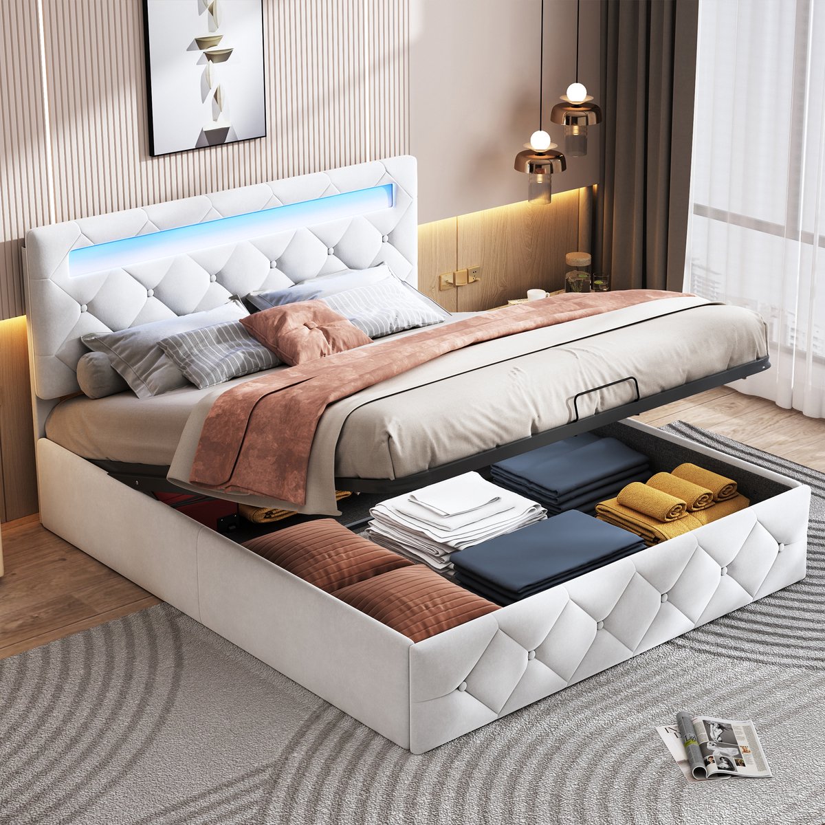 Solvenrik Fluwelen Opbergbed 140x200 Beige met LED – Gestoffeerd Tweepersoonsbed met Lift Opbergruimte – Bed met Knopen Hoofdbord & Lattenbodem