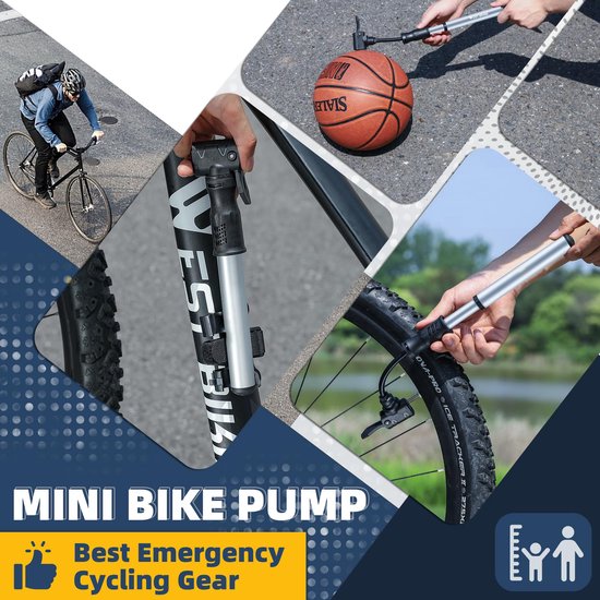 Fietspomp handpomp - fietsbandenpomp draagbaar - Handpomp voor Voetbal, Basketbal & Fitnessballen - Compact & Duurzaam - Zilver — afbeelding 3