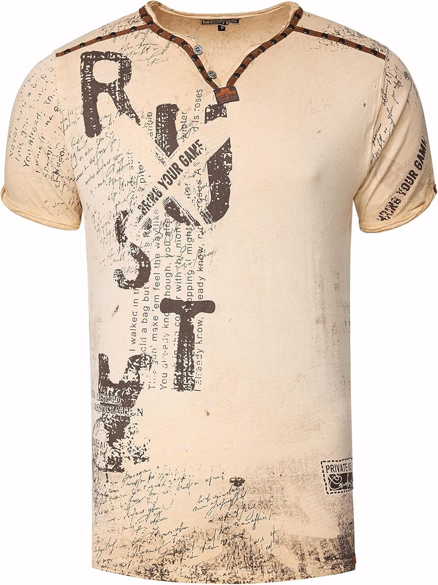 Heren T-shirt V-hals met Vintage Print, Suède Details en Klinknagels