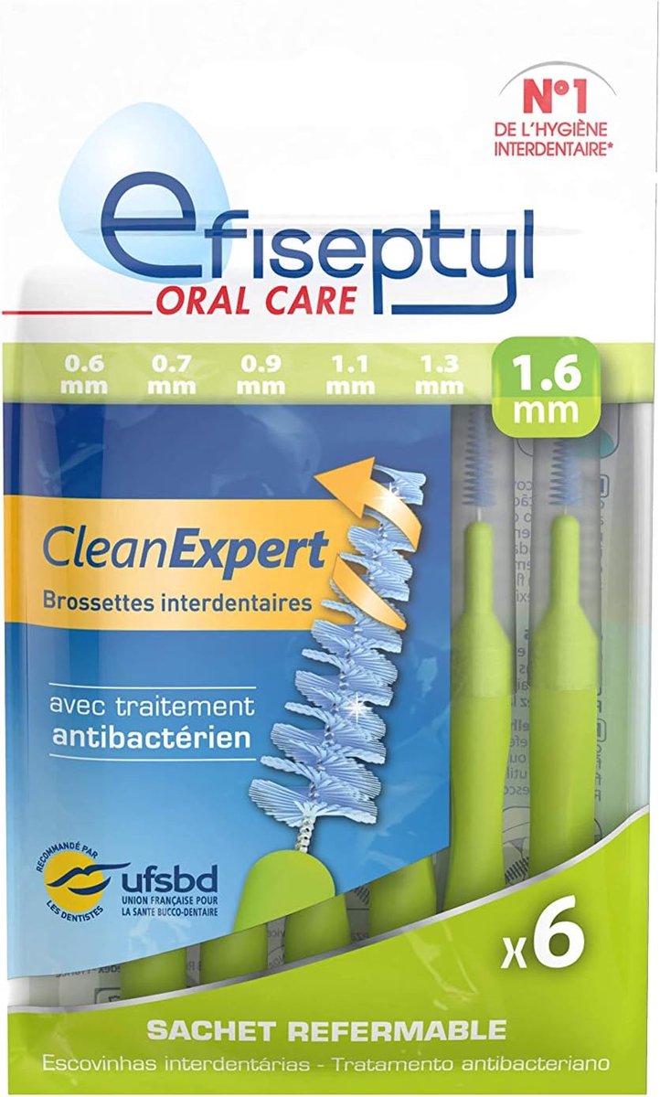 Interdentale Borstels 1,6mm - Antibacteriële Behandeling - Zak met 6 Borstels