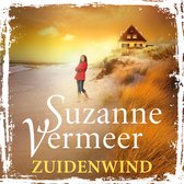 Een jonge vrouw in een rode jas staat op het strand bij zonsondergang, met het boek 'Zuidenwind' door Suzanne Vermeer.