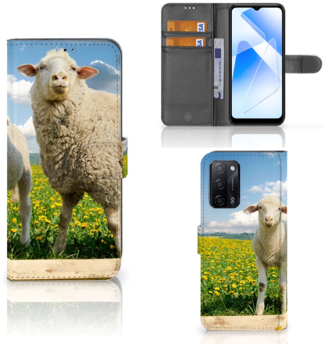 OPPO A16/A16s/A54s Telefoonhoesje met Pasjes Schaap en Lammetje