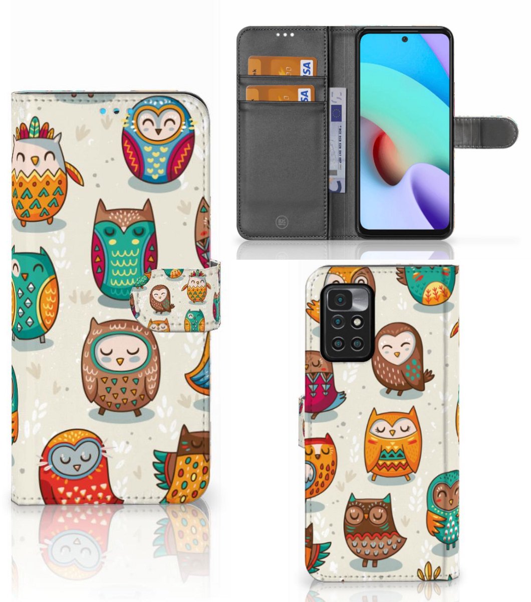 Xiaomi Redmi 10 Telefoonhoesje met Pasjes Vrolijke Uilen