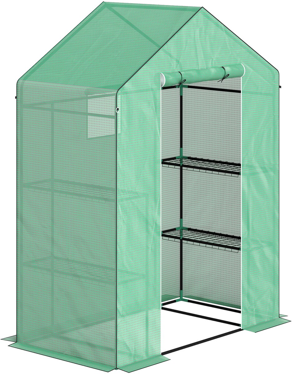 REDOM - Foliekas - Inloopbaar Met Roldeur En Ramen - Met Rekken - Kunststof - Groen - 143 X 74 X 190 Cm