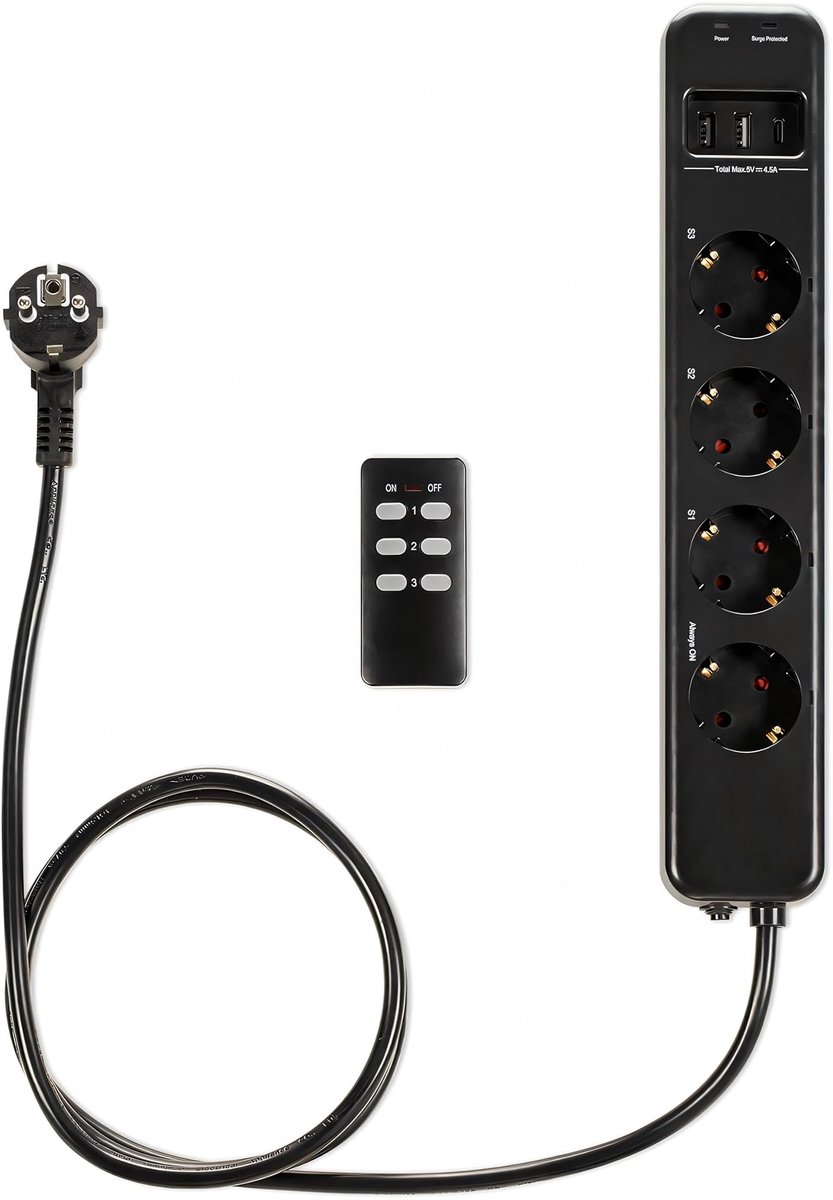 Funk Stekkerdoos 4-Voudig Schakelbaar - Met 3x USB Poorten - Afstandsbediening Inclusief