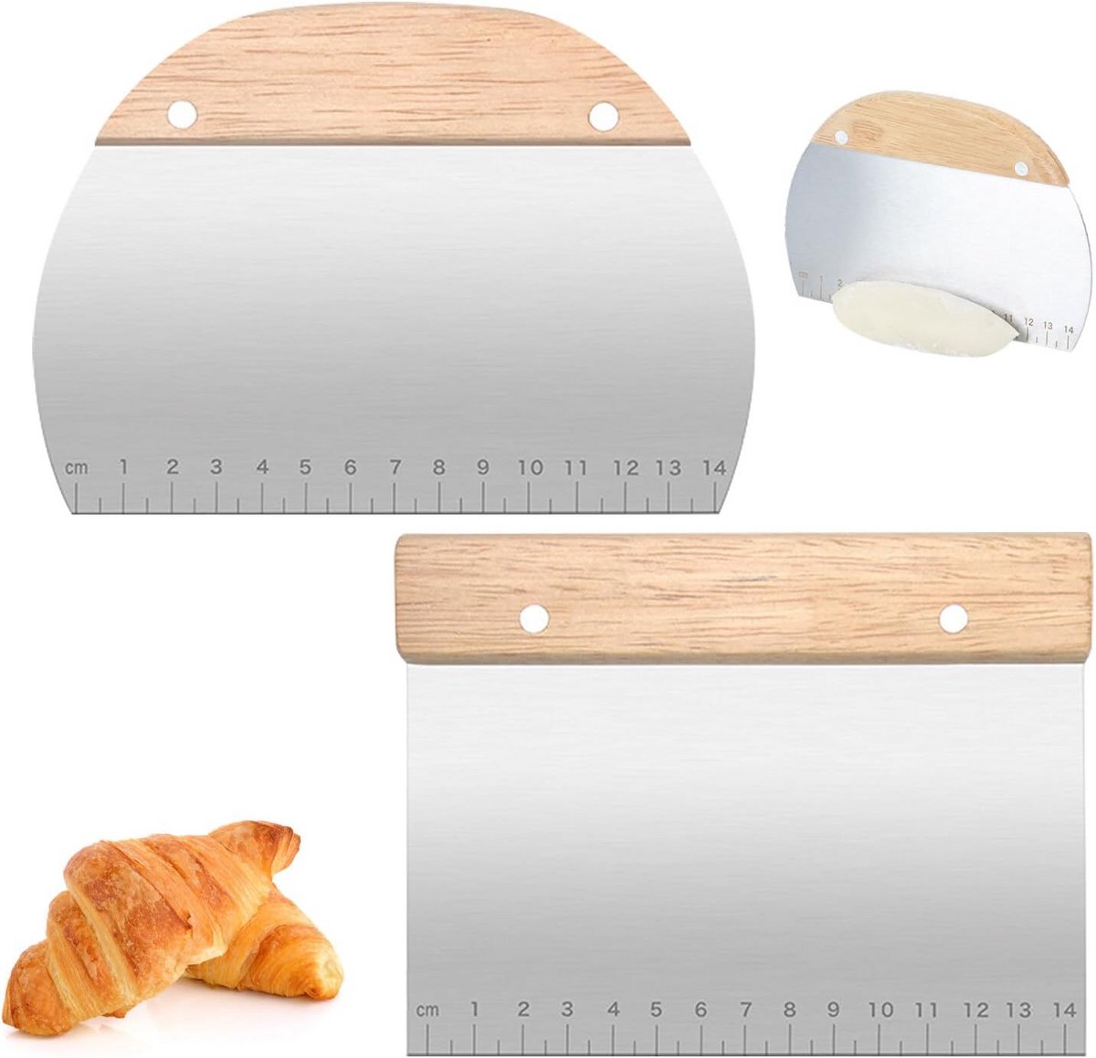 Deegschraper en deegsnijder set, 2 stuks, roestvrij staal met houten handvat