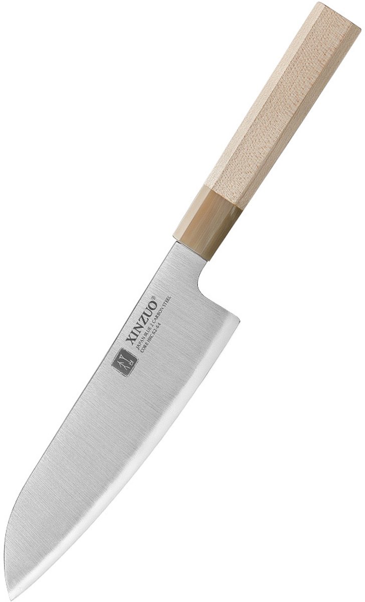 XinZuo Santokumes 18,5 cm – PM8M Zhen Series – Japans Aogami #2 Blue Carbonstaal – 3-Laags – Hardheid 62-64 HRC – Esdoornhouten Handvat
