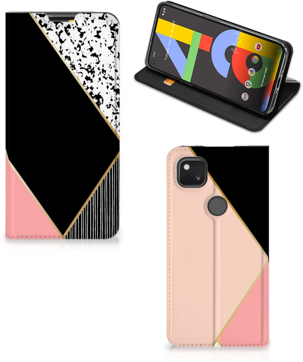 Google Pixel 4a Stand Case Zwart Roze Vormen