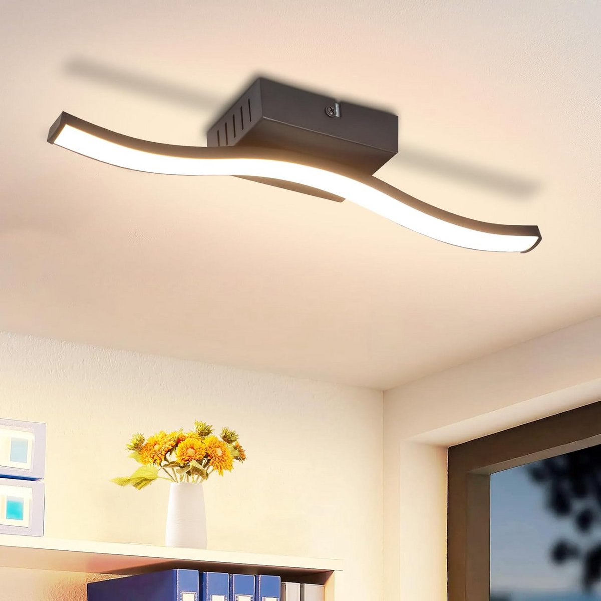 Moderne LED Plafondlamp Zwart Golfdesign - Warm Wit Licht voor Woonkamer, Slaapkamer of Ke
