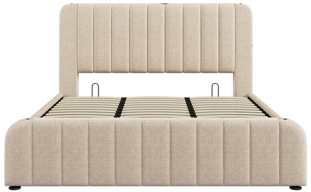 Linnen Bed – Slaapbed – Opbergbed – Boxspring – Ledikant – Beige 180x200 cm – Met USB- & Type-C Oplaadpoort – Hydraulische Opbergruimte