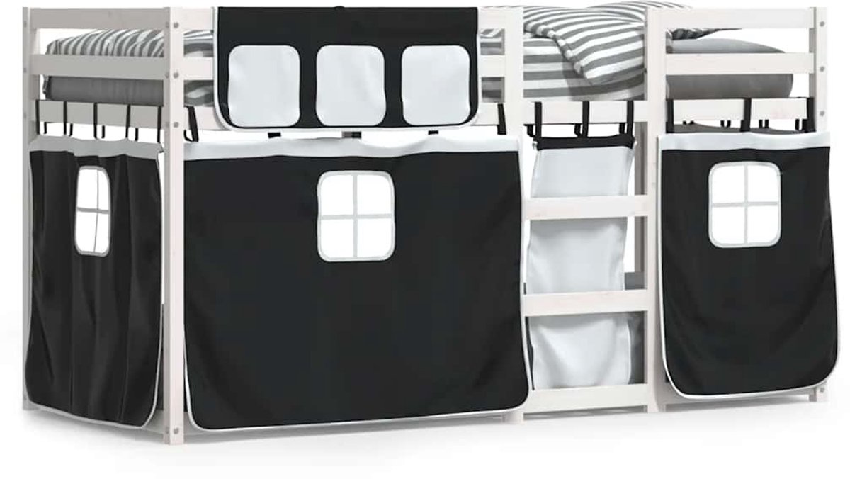 vidaXL Stapelbed - met - gordijnen - 80x200 - cm - grenenhout - wit - en - zwart